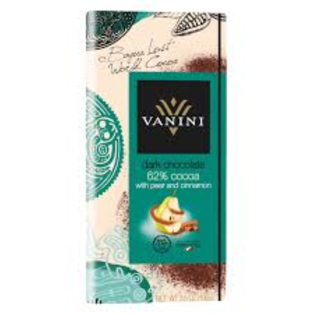 VANINI DARK 62% CHOC BAR PEAR & CINNAMON 100G